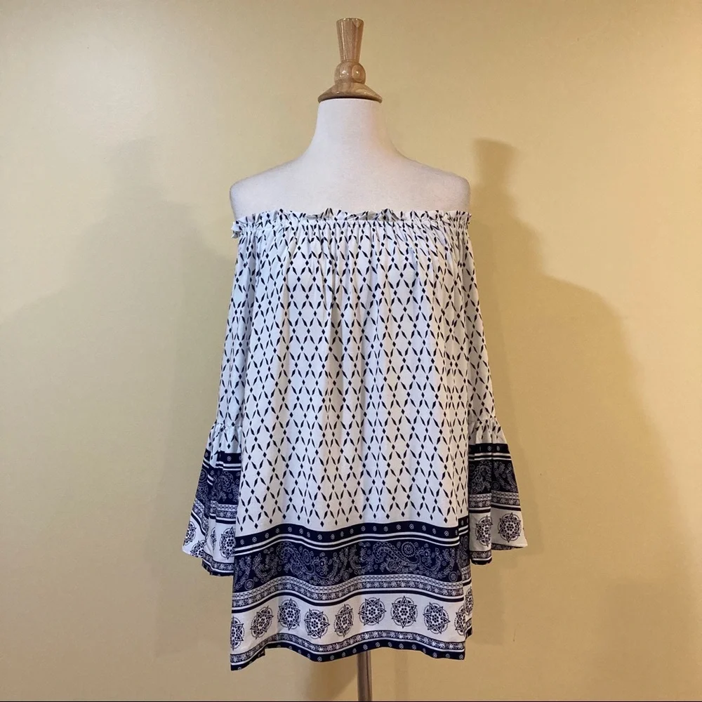 💥 CLEARANCE Bell Sleeve Off Shoulder Modern Floral Tunic Dress - Picture 5 of 8